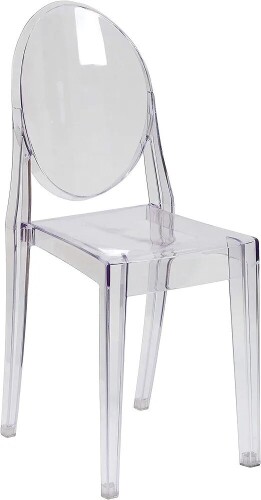 Flash Furniture Cheryl Indoor/Outdoor Crystal Transparent Ghost Stackable Accent and Dining Chair with Contoured Seat, Durable Construction, Commercial Use, New in Box $299