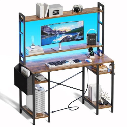 Huuger 47" Computer Desk with Adjustable Shelves, Gaming Desk with LED Lights & Power Outlets, Home Office Desk with Monitor Stand, Hooks & CPU Stand, Rustic Brown, New in Box $299