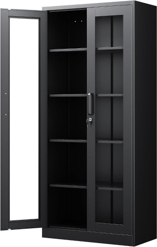 PEUKC Display Cabinet with Glass Doors, 71 Inches Metal Display Case with 4 Adjustable Shelves, Curio Storage Cabinet with Lock for Home, Office, Book, Pantry, Assemble Required (Black) Similar to Picture $299