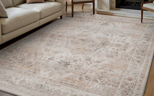 Bungalow Rose Soft Beige Machine Washable Oriental Area Rug For Living Room, Bedroom, 6' x 9' $299