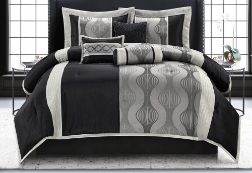 Lanco Black Silver Comforter Set , California King Size, 7 Pieces Fashion Jacquard Bedding Set New In Box $299