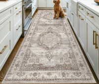 Bungalow Rose Wide Hallway Runner Rug: Vintage Washable Soft Rug for Living Room Bedroom Water Resistant Carpet with Non-Slip Backing for Entry Kitchen Dining Room Thin Nursery Bathroom Floor Mat (Beige), 3' x 8' $299