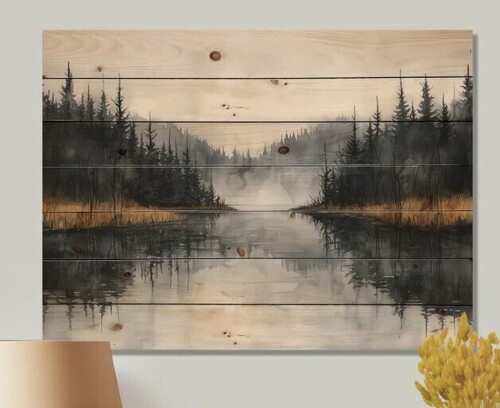 Ophelia & Co. The Valley Of Tranquility Of Lakeside Mountains I - Lake House Wood Wall Decor On Natural Pine Wood, 30" H x 40" W x 0.78" D New In Box $299