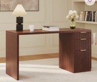 Ebern Designs Ato 58" Fluted Modern Desk With Storage, Wood Home Office Desk With 1 File Cabinet, 3 Drawers & Charging Station, Natural Wood, New in Box $499