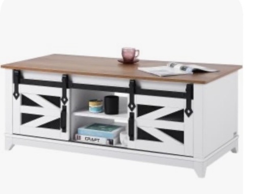 August Grove Esben 47.2'' Long Coffee Table with 2 Sliding Doors and 3 Hidden Storage Compartments, Oak Top/White Base, New Open Box $399