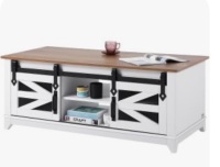 August Grove Esben 47.2'' Long Coffee Table with 2 Sliding Doors and 3 Hidden Storage Compartments, Oak Top/White Base, New Open Box $399
