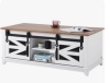 August Grove Esben 47.2'' Long Coffee Table with 2 Sliding Doors and 3 Hidden Storage Compartments, Oak Top/White Base, New Open Box $399