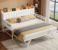 Jocoevol Daybed with Trundle and LED Light, Heavy Duty Metal Twin Bed Frame with Upholstered Storage Headboard & Charging Station, Day Bed Pop Up Trundle Bed Twin White New In Box $399