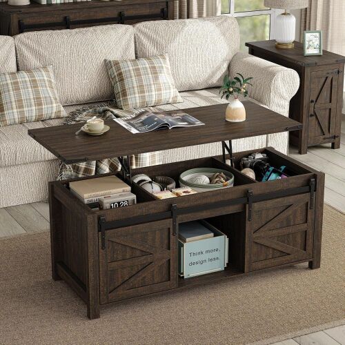 Furniouse Lift Top Coffee Table with Storage Farmhouse Country Rectangular Center Table with Sliding Doors, New in Box $499