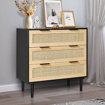 VEVOR 3 Drawer Rattan Dresser, Modern Closet Dresser for Bedroom, Natural Rattan Chest of Drawers with Metal Handles & Wooden Legs, Chest Clothing Organizer & Storage New in Box $399