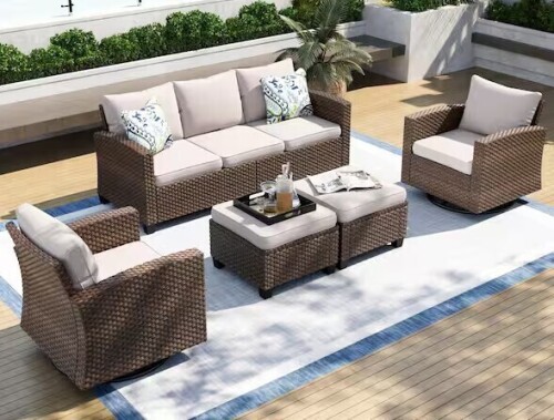 Phi Villa Brown Rattan Wicker 7 Seat 5-Piece Steel Patio Outdoor Sectional Set with Beige Cushions, 2 Swivel Chairs, 2 Ottomans New Floor Model $1899