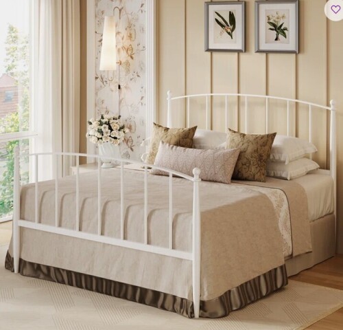 Latitude Run Metal Bed Frame With Victorian Style Iron-Art Headboard And Footboard in White Queen Size New in Box $599
