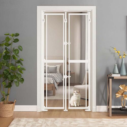 unipaws 75" High Clear Acrylic Extra Tall Cat Pet Gate with Doors Locks, Pressure Mounted 6 to 8 Feet Tall Adjustable Full Door Pet Gate, Cat Door Way Indoor Use $299