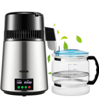 VEVOR 1.1 Gal Water Distiller, 0.3 Gal/H, 750W Distilled Water Maker Machine 0-99H Timing Set Temp Display, 304 Stainless Steel Countertop Distiller Glass Carafe Cleaning Powder 3 Carbon Packs, Silver New In Box $199