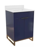 COSMO LIVING Leona (24" W x 22" D x 38" H) Single Sink Bath Vanity in Navy Blue with Gold Metal Legs and with White Engineered Stone Composite Top, New in Box $699