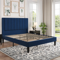 Mercer41 Queen Size Upholstered Platform Bed With Headboard & Wooden Slats, Velvet, Navy Blue, New Open Box $599