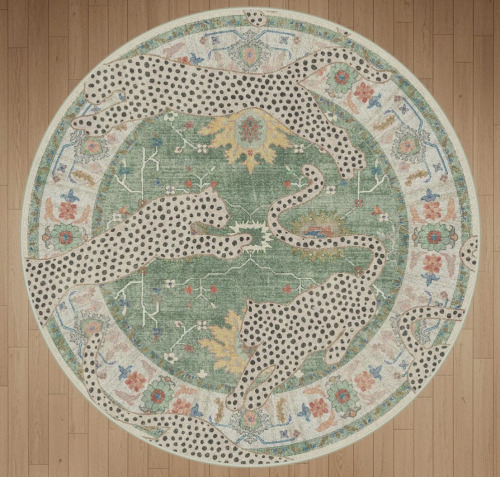 Bungalow Rose Alinda Leopard Print Performance Blue Machine-Washable Area Rug, 5 ft. Round Similar to Picture New $399