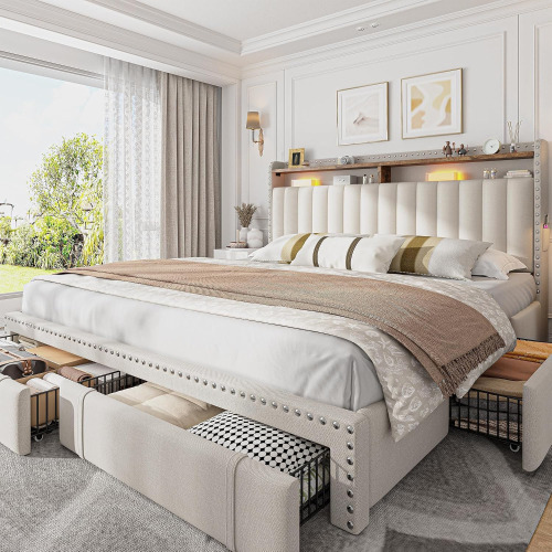 EnHomee King Size Bed Frame with 4 Storage Drawers & Storage Headboard, Upholstered Platform Bed, 2 Side pockets, Under-Bed space, Noise-Free, Easy Assembly, No Box Spring Needed, 1000lbs, Beige New in Box $599