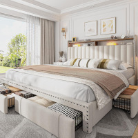 EnHomee King Size Bed Frame with 4 Storage Drawers & Storage Headboard, Upholstered Platform Bed, 2 Side pockets, Under-Bed space, Noise-Free, Easy Assembly, No Box Spring Needed, 1000lbs, Beige New in Box $599