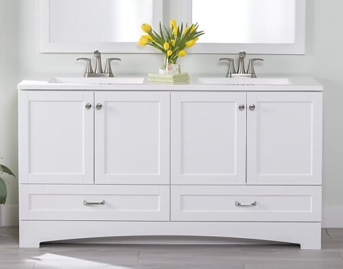 Diamond NOW Cassidy 60-in White Double Sink Bathroom Vanity with White Cultured Marble Top (Fully Assembled) New In Box $1999