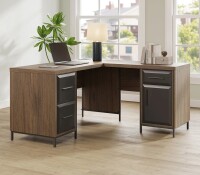 Thomasville&reg; Alderbrook 60"W L-Shaped Corner Desk With Integrated Power Outlet, Walnut/Matte Black New In Box $599