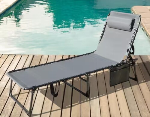 VEIKOUS Outdoor Folding Chaise Lounge Chair Fully Flat for Beach with Pillow and Side Pocket, Dark Gray New In Box $199