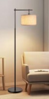 EDISHINE 63 in. Black 1-Light Arched Floor Lamp for Living Room with Fabric Drum Shade New In Box $199