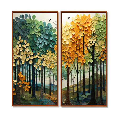 Millwood Pines Orange Green Trees Canopy Patchwork III - Large Trees Canvas Prints, 32"H x 32"W New In Box $299
