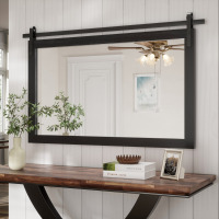 Gracie Oaks Keira-Mai Barn Door Bathroom Mirror, Black Wood Frame Wall Mounted Vanity Mirror with Metal Hanging Rod, Farmhouse Industrial Rectangle Wall Mirror for Bathroom, Horizontal 26" x 40" New In Box $299