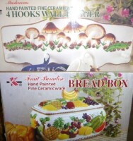 Fruit Paradise Hand Painted Ceramic Bread Box / Hand Painted 4 Hook Mushroom Wall Hanger New In Box Assorted
