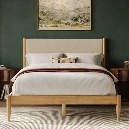 Wade Logan Besan Solid Wood Boucle Upholstered Headboard Bed Frame Cream King Size New in Box $1199