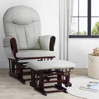 Baby Relax Huntington Nursery Glider & Ottoman, Brown Wood with Light Gray Microfiber Cushions, New in Box $299