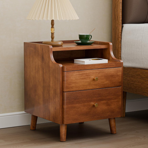 HOCAT Nightstand with Drawers, Pre-Assembled, 19.7" H Natural Solid Wood Night Stand with Open Sliding Shelf, Mid Century Modern Small Bedside Table Cabinet for Bedroom, Walnut New In Box $299