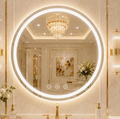 East Urban Home 28" Round LED Bathroom Mirror with Lights, Anti-Fog, Dimmable, Backlit + Front Lit, Lighted Bathroom Vanity Mirror for Wall, Memory Function, Tempered Glass, Shatter-Proof, ETL Listed New In Box $499