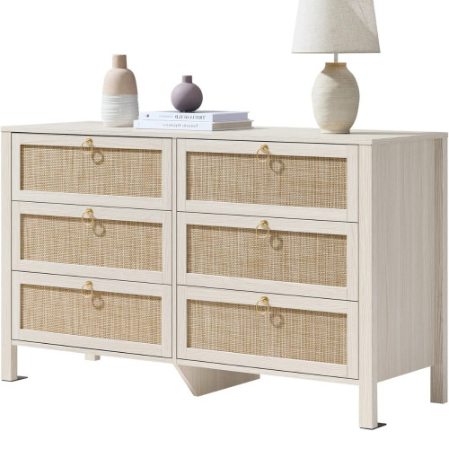 Bayou Breeze Pomodoro 51" W Rattan 6-Drawer Dresser With Golden Handles &mdash; Coastal Boho Bedroom Storage Chest, White Cream Oak, New Open Box $499