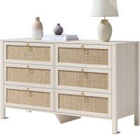 Bayou Breeze Pomodoro 51" W Rattan 6-Drawer Dresser With Golden Handles &mdash; Coastal Boho Bedroom Storage Chest, White Cream Oak, New Open Box $499