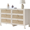 Bayou Breeze Pomodoro 51" W Rattan 6-Drawer Dresser With Golden Handles &mdash; Coastal Boho Bedroom Storage Chest, White Cream Oak, New Open Box $499