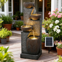 Millwood Pines 38.2" Tall Solar Water Fountain Outdoor Garden,4 Tiers Modern Cascading Bowls And Stacked Stones Solar Powered Fountains With Led Lights, New in Box $399