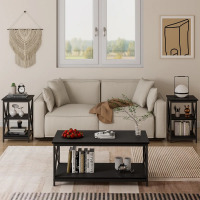 Gracie Oaks Sabeeha 3-Piece Coffee Table Set with Coffee Table and 2 End Tables,Industrial X-Shaped Design Living Room Table Set, New in Box $299