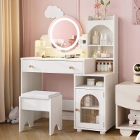 Vabches Princess 2-in-1 Makeup Vanity Table and Chair Set with Mirror & Lights, White, New Shelf Pull $299