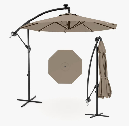 Arlmont & Co. 10FT Tan Cantilever Patio Umbrella with Solar LED Lights &ndash; Heavy Duty, Fade-Resistant, UV Protection &ndash; 8 Ribs, Cross Base, Crank Lift, Tilt Adjustment &ndash; Outdoor Shade for Pool, Deck, Garden &ndash; Color: Tan New In Box $399