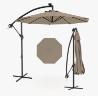 Arlmont & Co. 10FT Tan Cantilever Patio Umbrella with Solar LED Lights &ndash; Heavy Duty, Fade-Resistant, UV Protection &ndash; 8 Ribs, Cross Base, Crank Lift, Tilt Adjustment &ndash; Outdoor Shade for Pool, Deck, Garden &ndash; Color: Tan New In Box $399