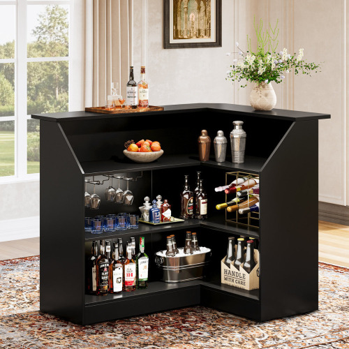 Ebern Designs Burnes L-Shaped 4-Tier Wood Bar Cabinet with Stemware Racks $399