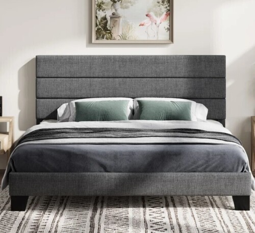 Latitude Run Elison Platform Bed with Fabric Upholstered Headboard and Wooden Slats King Size in Gray New in Box $999