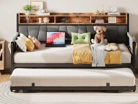Latitude Run Daybed With Trundle Bed, Twin Bed Frame With Upholstered Storage Headboard And Charging Station, Sofa Day Bed With Strong Supports in Black New in Box $499