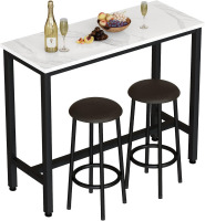 AWQM 47.2" Bar Table Set of 2, Faux Marble Pub Height Table and Chairs Set of 2 with Upholstered Stools, 3 Piece Bar Table for Living Room, Kitchen, Bar, White & Brown New Open Box $299