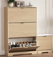 Latitude Run 47-inch Three-Door Shoe Cabinet with Built-in Bench and Three Flip-Top Drawers Anti-tip and waterproof design Ideal for compact living spaces in Natural $399