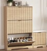 Latitude Run 47-inch Three-Door Shoe Cabinet with Built-in Bench and Three Flip-Top Drawers Anti-tip and waterproof design Ideal for compact living spaces in Natural $399