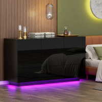 Hokku Designs Kimbereley 9 Drawer 55.1" W High Gloss Dresser With Led Light, Black, New in Box $499