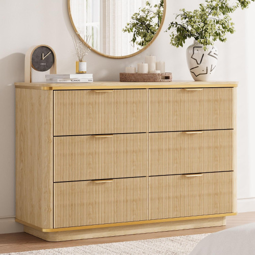 Angel Sar Modern 47'' Fluted Dresser with 6 Drawers, with Golden Metal Handles, Sturdy Legless Foundation, New in Box $499